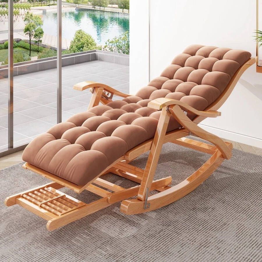 LEEF Bamboe Modern Opvouwbare Schommelstoel & BRUIN Zacht Ligkussen en Voetmassage-Ontspannen Inklapbare Stoel -Comfort Fauteuil- Verstelbaar Stoel & Voetsteun -Ontwerp Ergonomisch Ligstoel- Opvouwbaar Binnen & Buiten- Duurzaam- Ontspanning- Veelzijdig