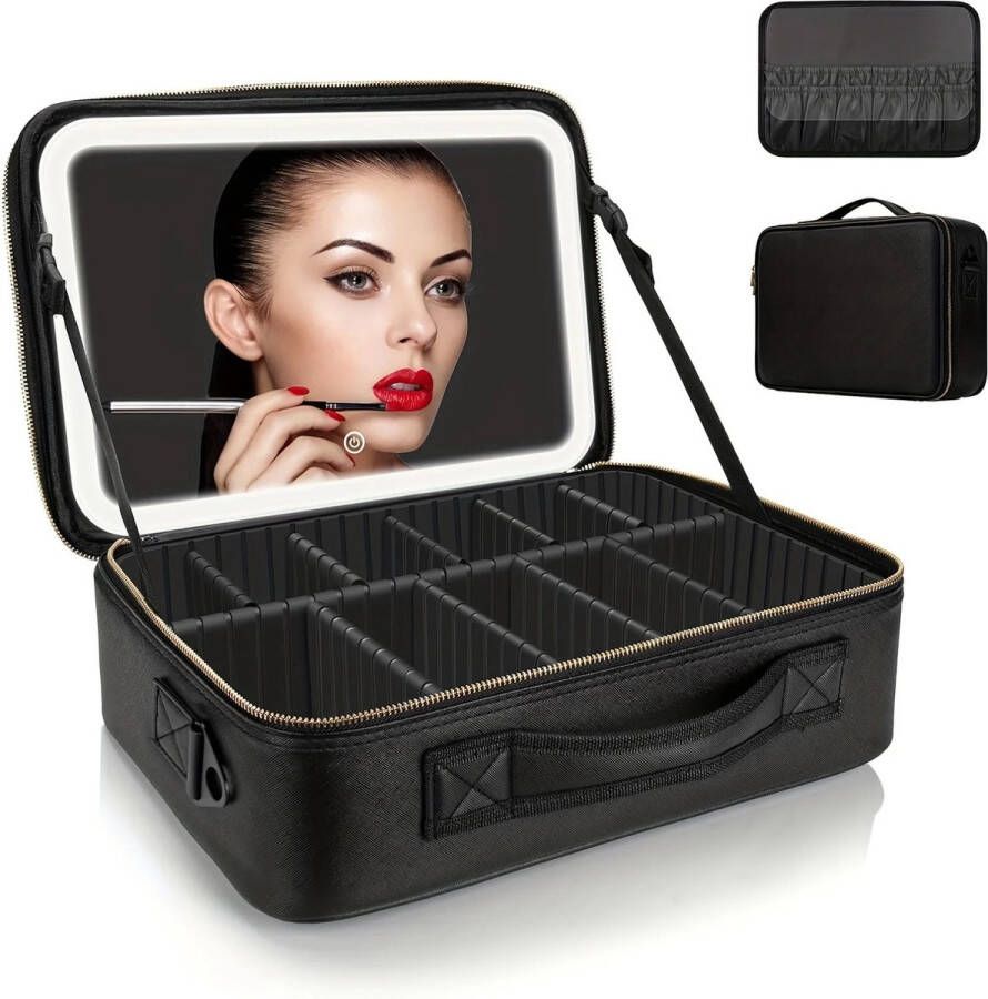 LEEF Extra Groot Beautycase met Spiegel en LED Licht ZWART Make Up Koffer Dames – LED Verlichting Makeup Organizer – Tas voor Cosmetica – Reis Toilettas Professionele make-uptas 3 kleuren lichten cosmetische koffer verstelbaar 39 x 27 x 13 cm
