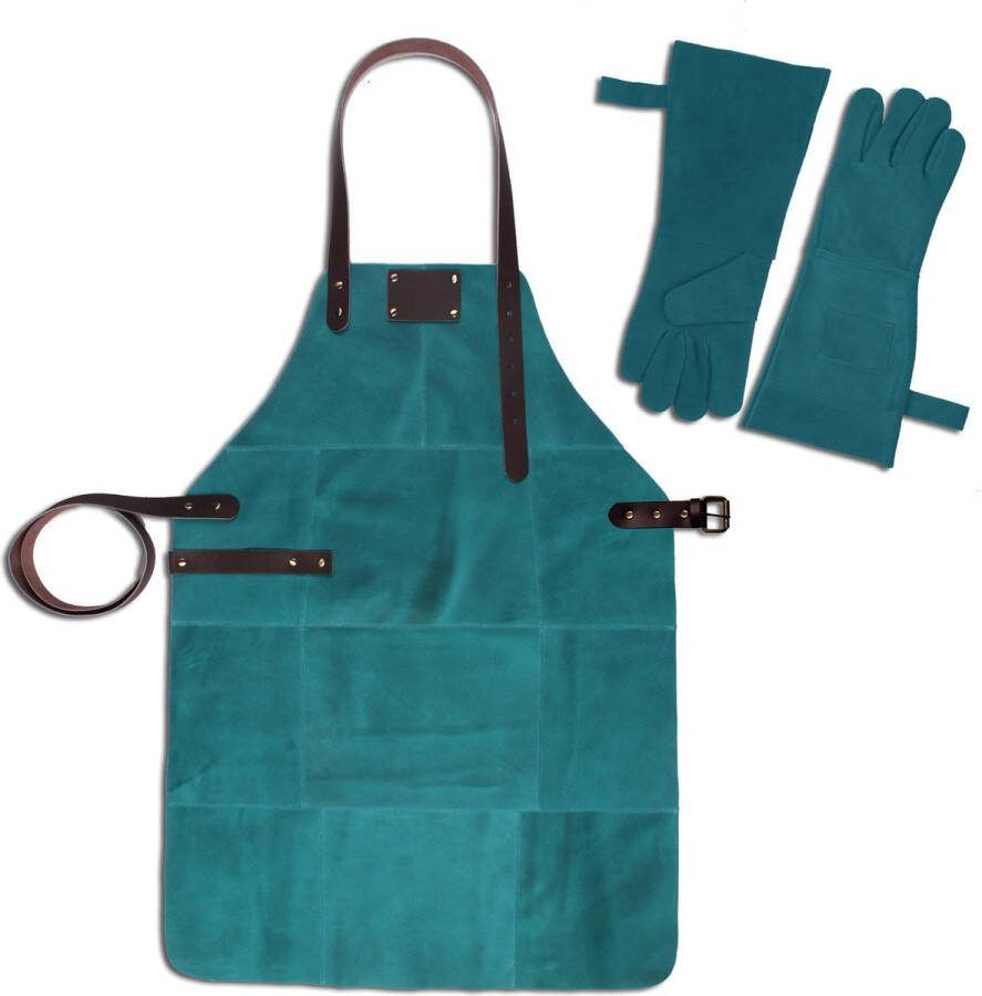 Leertheorie Leren Schort + Handschoenen Lederen Schort – AQUA LICHT BLAUW Kokschort BBQ Schort Kookschort Vaderdag 81 cm x 56 cm