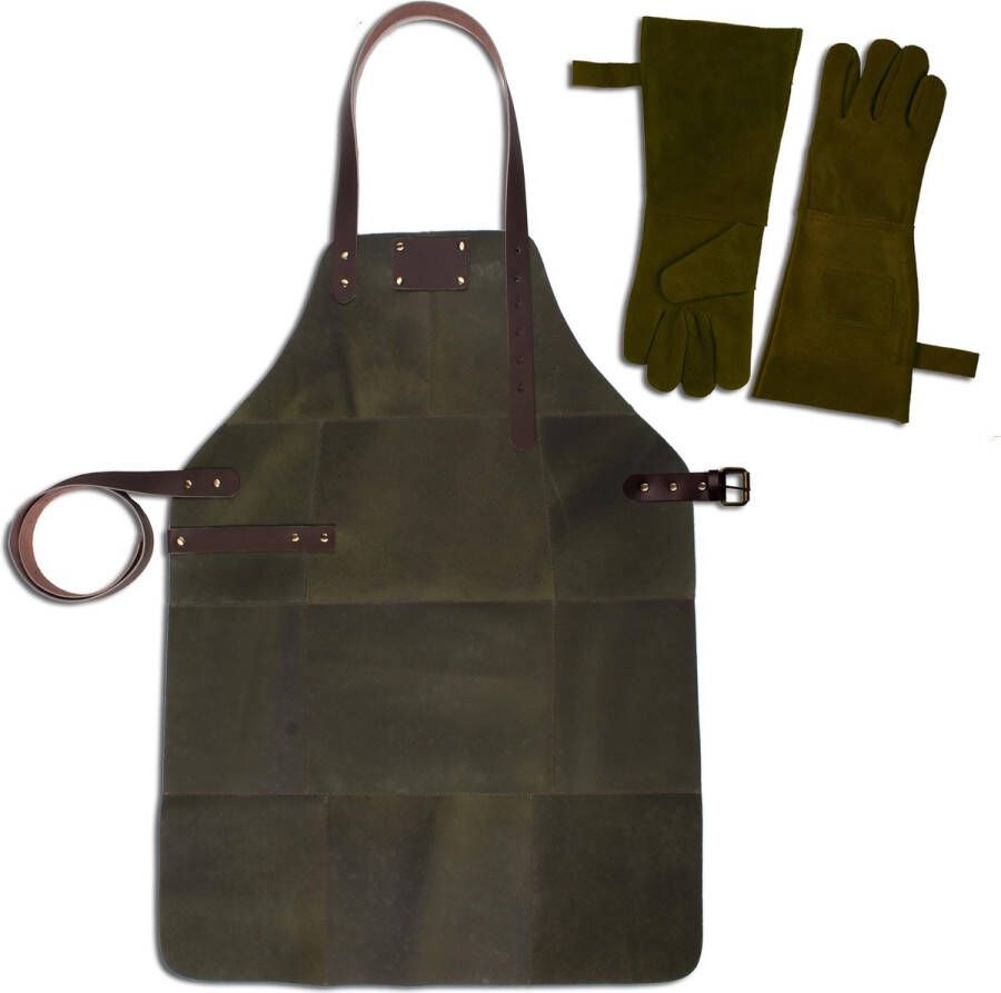 Leertheorie Leren Schort + Leren Handschoenen Lederen Schort – ARMY Green Kokschort BBQ Schort Kookschort Vaderdag 81 cm x 56 cm Inclusief Handschoenen voor de Barbecue