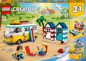 LEGO 31138 Creator 3 in 1 Strandkampeerbus Zomervakantie Modelbouwpakket met Strandhuis Caravan en Surfer Speelgoed Origineel Cadeau-idee voor Kinderen vanaf 8 Jaar