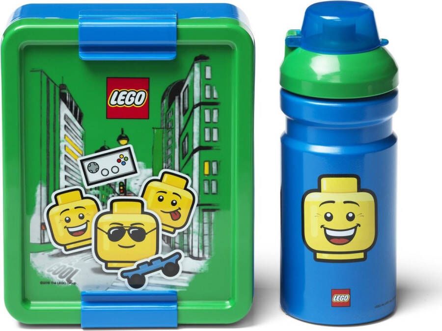 LEGO Drinkfles Bidon en Broodtrommel Iconic Boy Blauw Groen Lunchset Kunststof