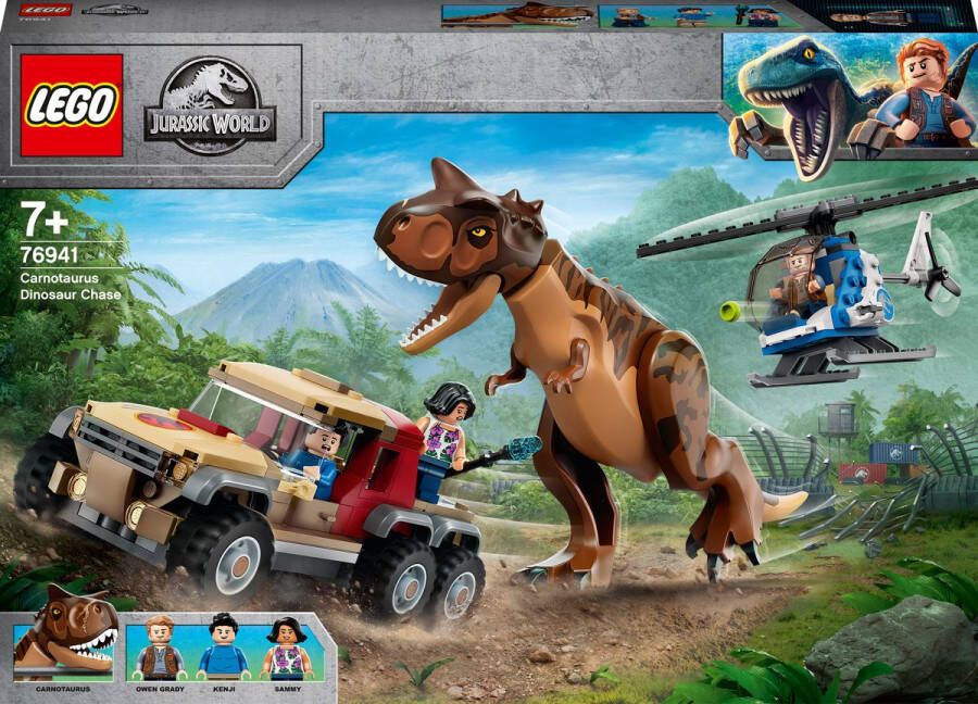 LEGO 76941 jurassic world de jacht op de carnotaurus dinosaurus speelgoedkind +7 jaar met helikopter en pick-up