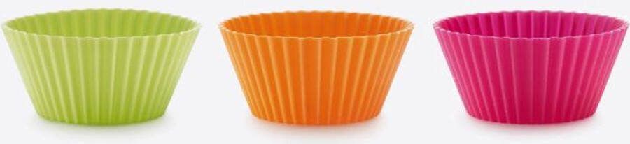 Lekue Lékué set van 12 geribde muffinvormen uit silicone roze; oranje en groen Ø 7cm H 3.5cm