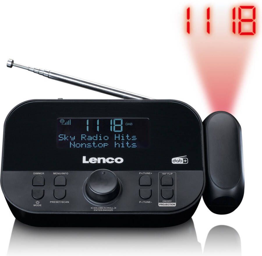 Lenco CR 615BK DAB+ en FM Radio met tijd projectie Dubbel alarm en Snooze functie Zwart