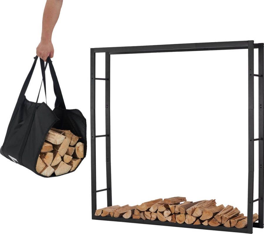 Lendo Online brandhoutrek 148x25x148cm + draagtas– Binnen en buiten -haardhout opslag – haardhoutrek – houtopslag – zwart metaal