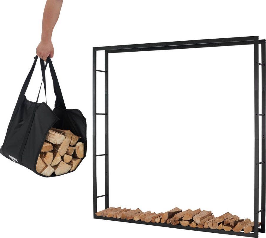 Lendo Online brandhoutrek 196x25x196cm + draagtas– Binnen en buiten -haardhout opslag – haardhoutrek – houtopslag – zwart metaal