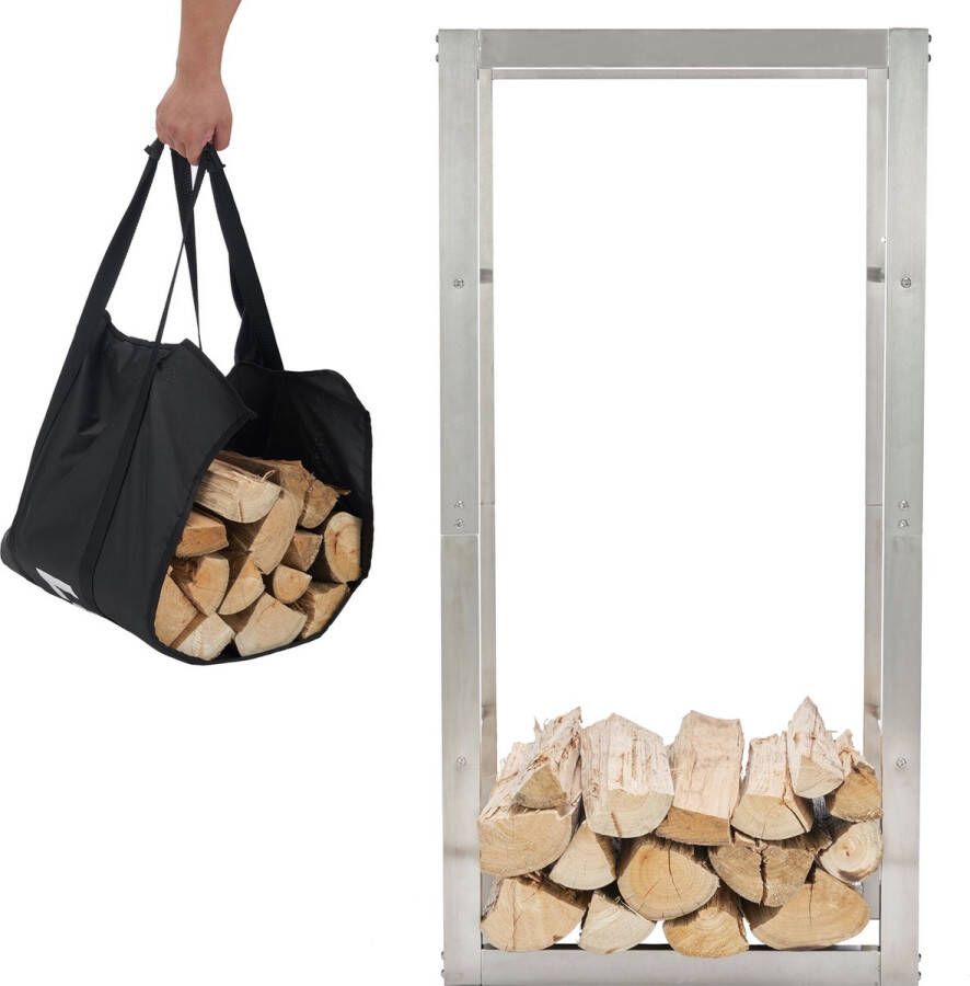 Lendo Online brandhoutrek 50x25x100cm + draagtas– Binnen en buiten haardhout opslag – haardhoutrek – houtopslag – RVS Roestvrij staal