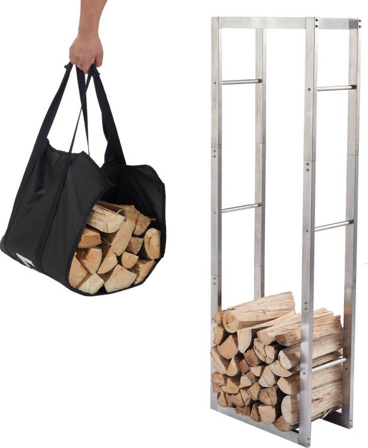 Lendo Online brandhoutrek 50x25x148cm + draagtas– Binnen en buiten haardhout opslag – haardhoutrek – houtopslag – RVS Roestvrij staal