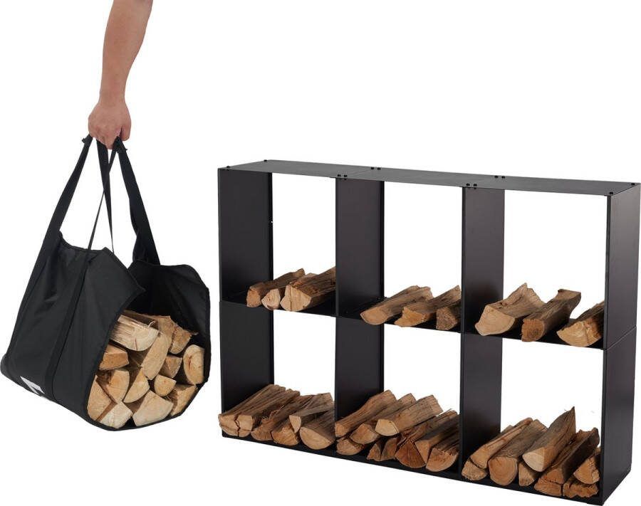 Lendo Online brandhoutrek 80x28x120cm + draagtas– Binnen en buiten haardhout opslag – haardhoutrek – houtrek houtopslag – zwart metaal