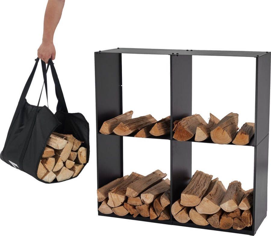 Lendo Online brandhoutrek 80x28x80cm + draagtas– Binnen en buiten haardhout opslag – haardhoutrek – houtrek houtopslag – zwart metaal
