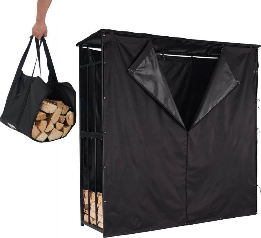 Lendo Online brandhoutrek met dak 180x60x180cm + beschermhoes + draagtas- Brandhoutschuur -haardhout opslag waterdicht – haardhoutrek – houtopslag – zwart metaal
