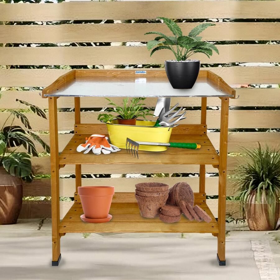 Lendo Online Oppottafel Tuinwerktafel Plantentafel Werktafel voor tuin Tuinwerkbank met gegalvaniseerd werkblad 76x37x92 cm vurenhout bruin