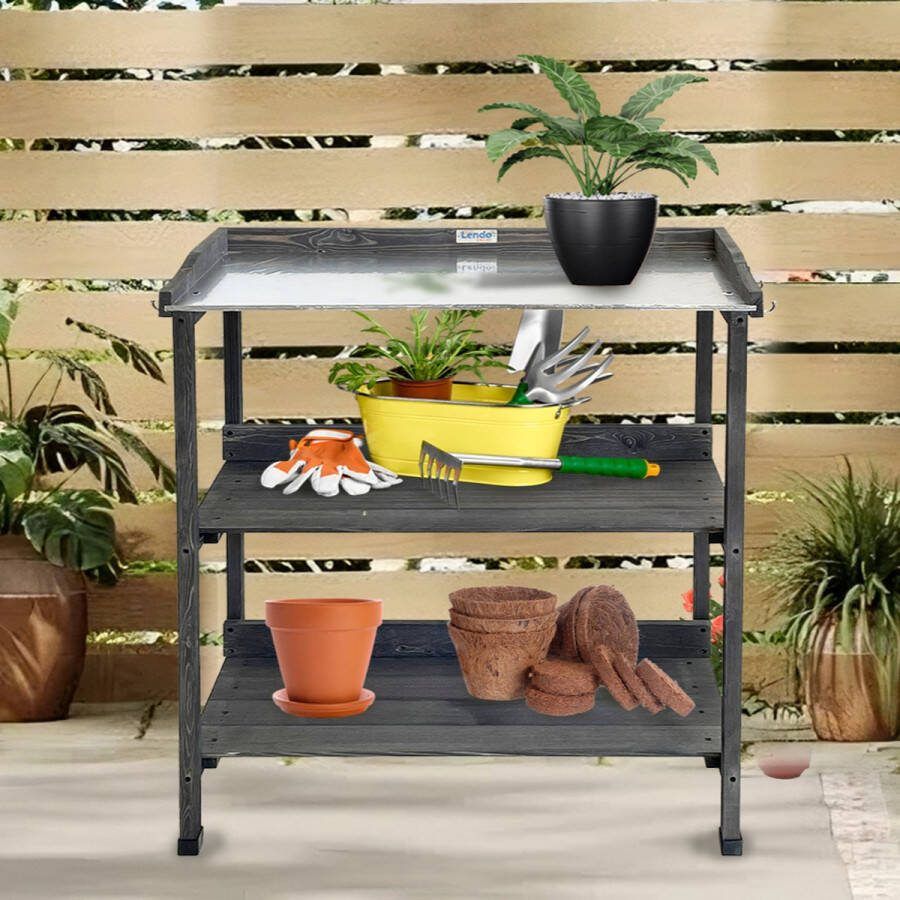 Lendo Online Oppottafel Tuinwerktafel Plantentafel Werktafel voor tuin Tuinwerkbank met gegalvaniseerd werkblad 76x37x92 cm vurenhout grijs
