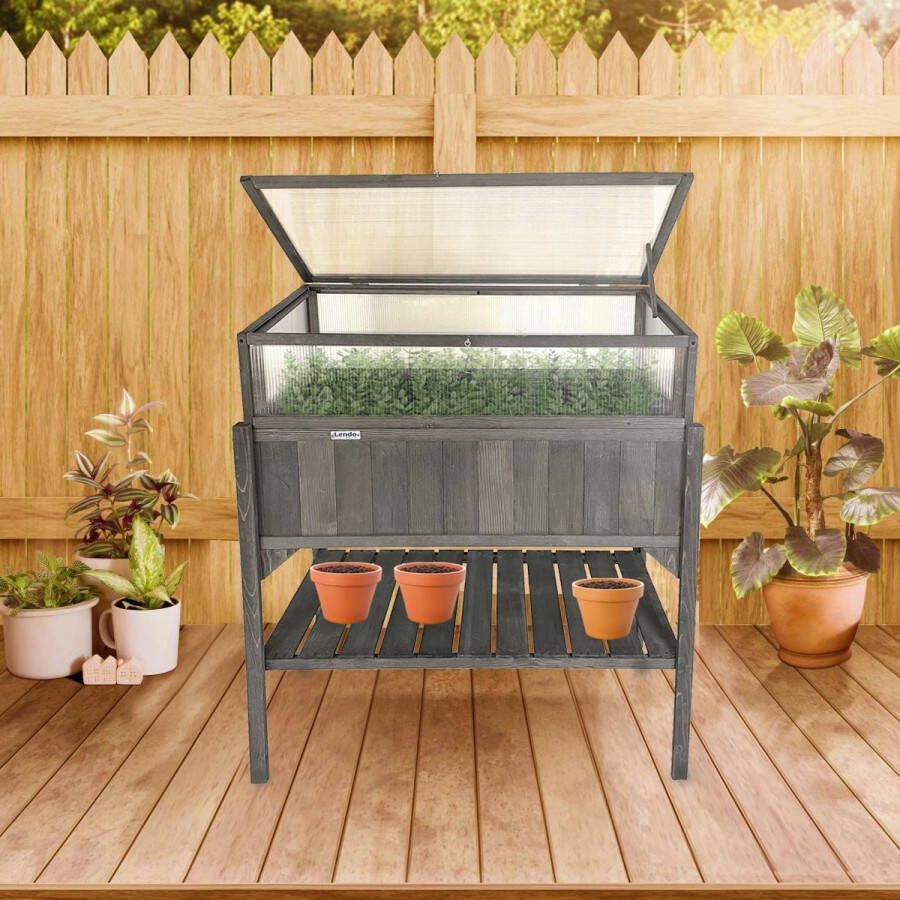 Lendo Online Plantenbak met kweekbak bloembak moestuinbak oppottafel met tuinkas balkonbak 97 5x49x120cm vurenhout grijs