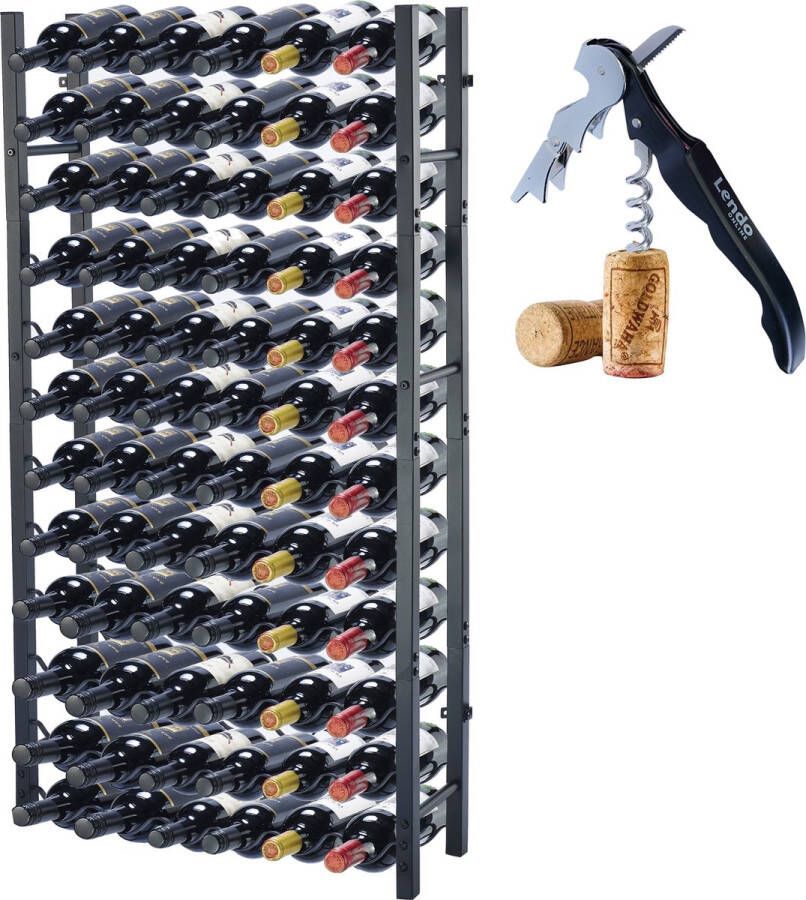 Lendo Online Wijnrek voor 72 flessen 65x20x120cm (LxBxH) Wijnkast Wijnfleshouder Wijnopslag met kurkentrekker Zwart Poedercoating Metaal Staal Flessenrek Industriële stijl