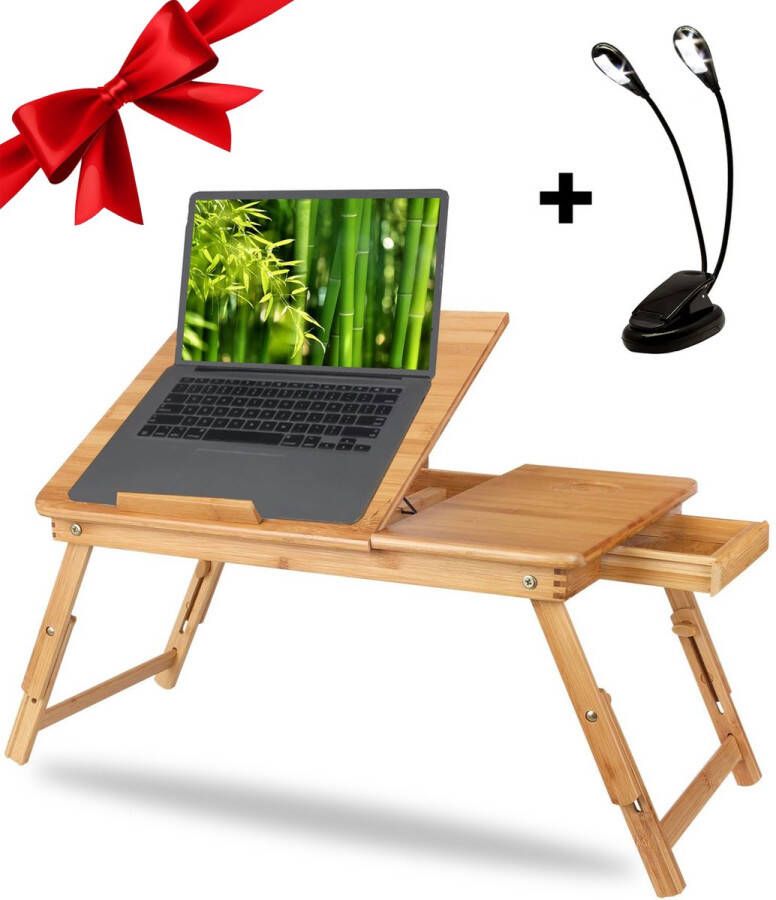 Lenx 2 IN 1 Bedtafel Laptopstandaard Gratis Leeslampje 100% BAMBOE Laptoptafel Verstelbaar Bank tafeltje Laptop verhoger Ontbijt op Bed Bedtafeltje
