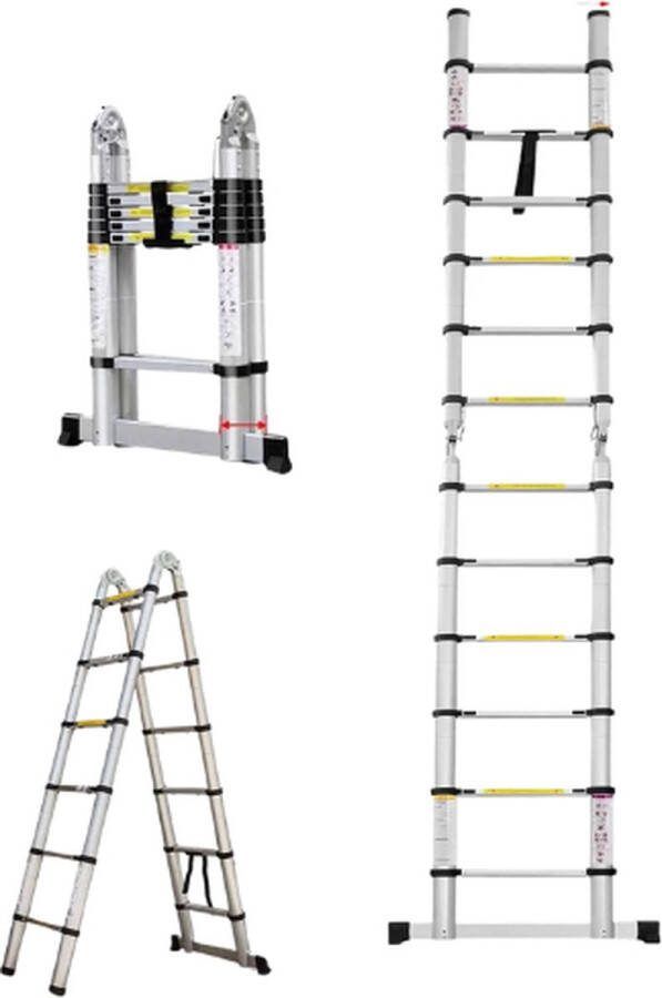 Leonova ladder telescoopladder vouwladder 3.8m aluminium 12 uitschuifbare stappen 150kg draagcapaciteit antislip