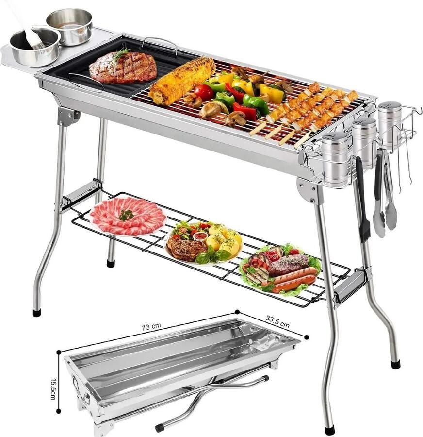 Leonova bbq houtskool bbq rvs houtskool 33.5x100x70 cm RVS met grillplaat met bbq gereedschap chrome kleurig