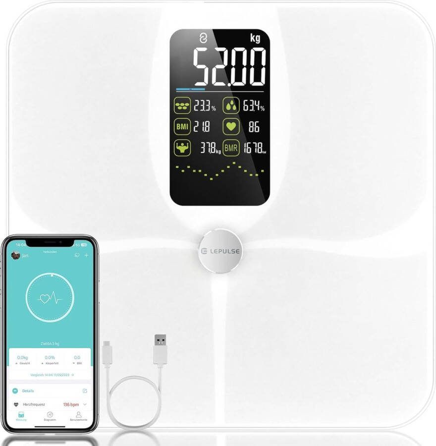 Lepulse Weegschaal Personenweegschaal Digitaal Wit Slimme Weegschaal met Lichaamsanalyse o.a. Vetpercentage Incl. App