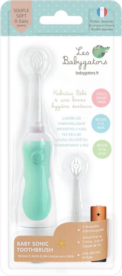 Les Babygators Sonische Elektrische Tandenborstel Baby 0-5 jaar | Groen | Timerfunctie met LED lamp | Babygators