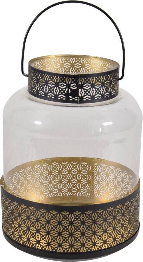 Lesliliving Lantaarn windlicht zwart goud Marokkaanse stijl 20 x 28 cm metaal en glas Gebruik buiten tuin woonkamer Thema Oosters Arabisch