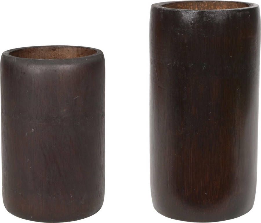 Lesliliving Set van 2x kaarshouders waxinelichthouders bamboe bruin 13 en 16 cm Stompkaars uitstraling Theelichthouders kaarsenhouders