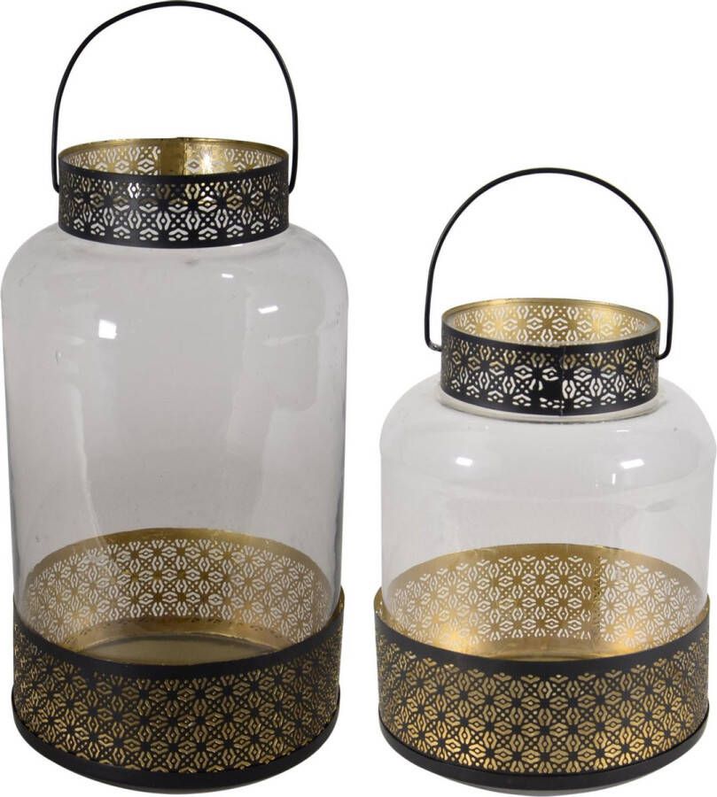 Lesliliving Set van 2x lantaarns windlichten zwart goud Arabische stijl 28 en 37 cm Gebruik buiten tuin woonkamer Thema Oosters Arabisch