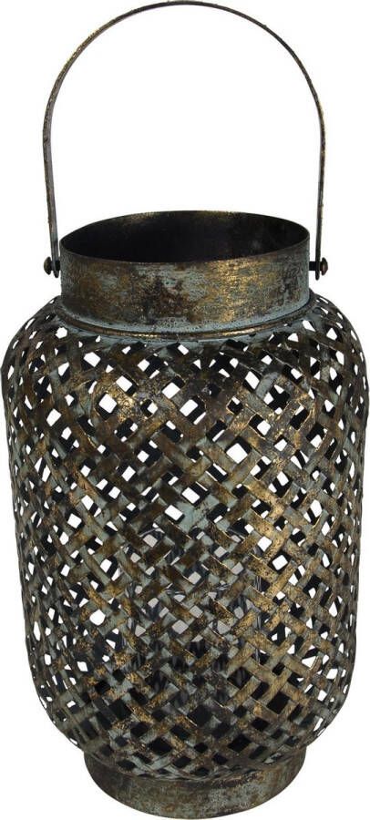 Lesliliving Vintage metalen lantaarn windlicht met glas Luna Cross 30 cm Metalen woonaccessoires Tuindecoratie artikelen van metaal