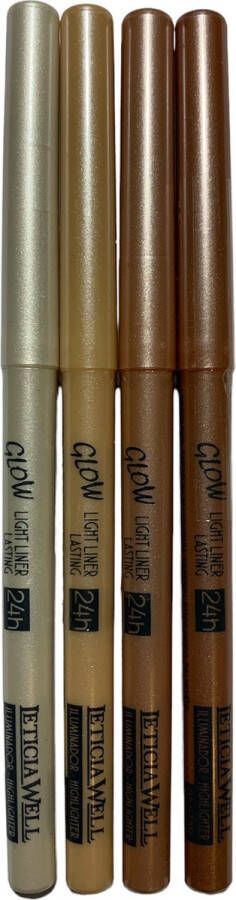 LETICIA WELL – Set met 4 tinten GLOW Light Liner Highlighter potlood draaibaar Automatic Highlighter Pencil – 01 Moon 02 Gold 03 Bronze 04 Star Set met 4 stuks