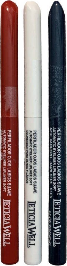 LETICIA WELL Set met Rood Wit Blauw Lippotlood en Oogpotlood draaibaar zacht Automatic Eyeliner Lipliner Soft