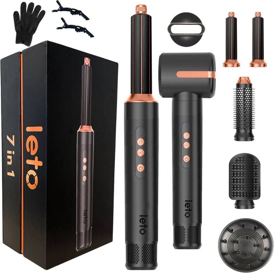 LETO Air7 Copper Multifunctionele Haarstyler voor Alle Haartypes met Luxe opbergdoos Krultang Föhn Föhnborstel Krulborstel Stijlborstel Diffuser Concentrator Hitte Handschoen Haarklemmen Special edition