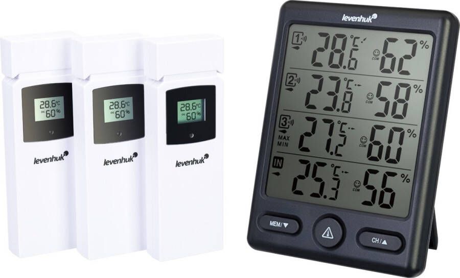 Levenhuk Weerstation Temperatuur meten Luchtvochtigheid meten 4 Meetlocaties Weerstation binnen en buiten Draadloos Weerstation Buitenweersysteem Vochtigheidsmeter Binnenthermometer