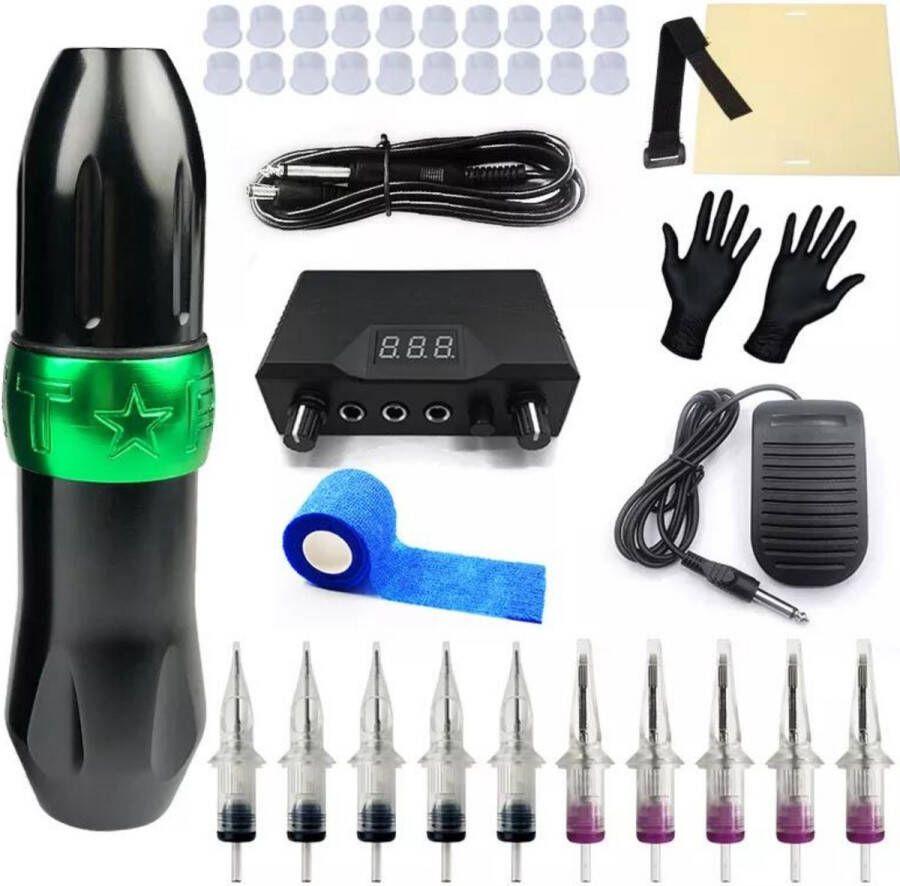 LEVINE Tattoo Machine Proffesionele Beginner Set Tattoo Kit Tattoo Set Incl. Tattoo Cartridges met 25 Inkt Naalden