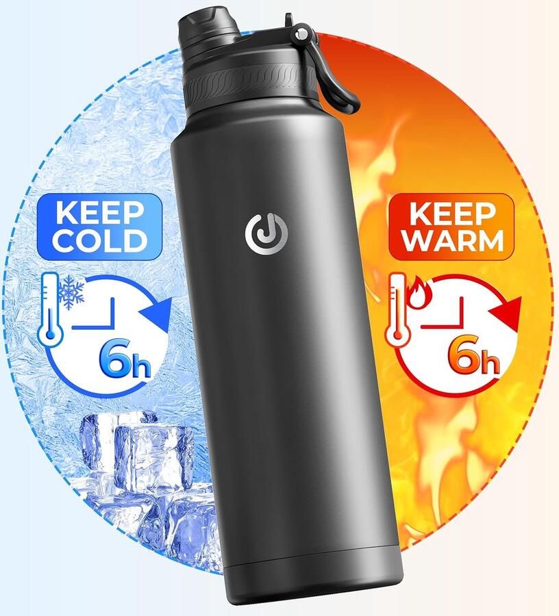 Lexium Roestvrijstalen waterfles 950 ml (32 oz) zwart met rietje en tuit voor twee drinkmethoden dubbellaags geïsoleerd houdt ruim 6 uur warm (67℃) en koud (8℃)
