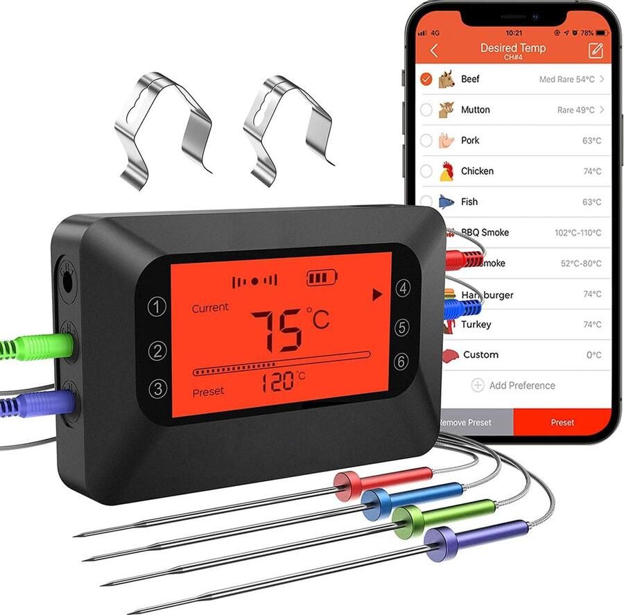 Lexium Vleesthermometer draadloos Vleesthermometer bluetooth Vleesthermometer digitaal Digitale BBQ Thermometer Draadloos Keukenthermometer