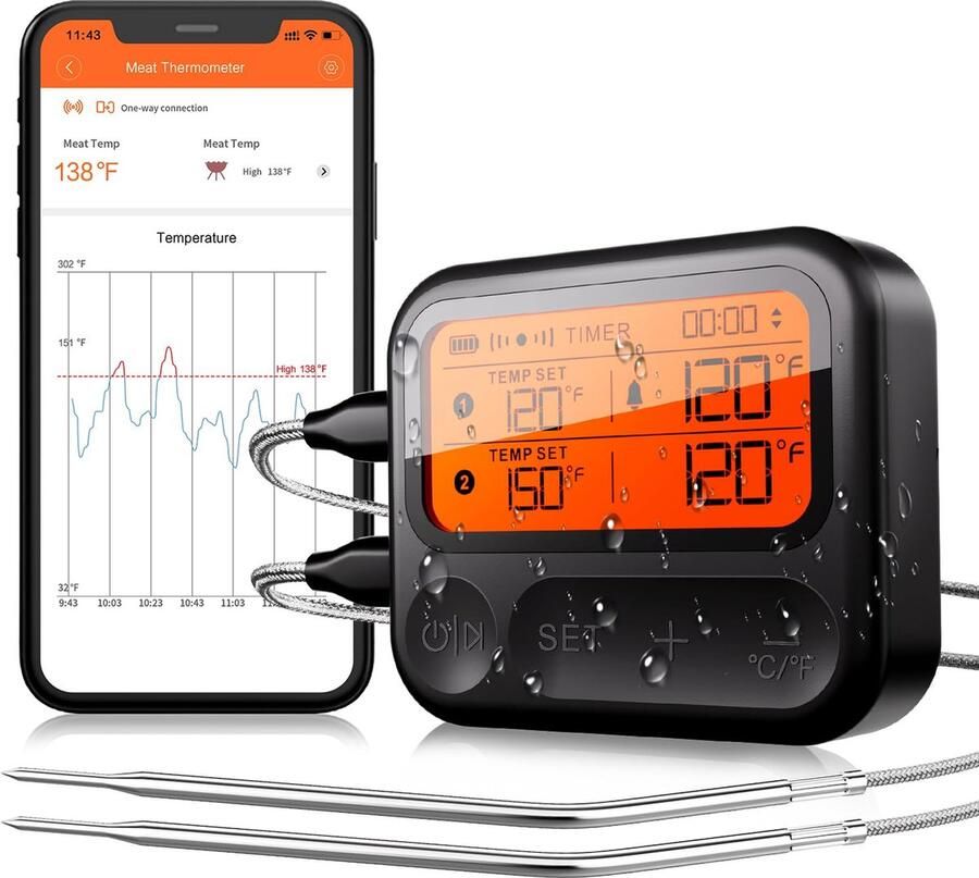 Lexium Vleesthermometer draadloos Vleesthermometer bluetooth Vleesthermometer digitaal Digitale BBQ Thermometer Draadloos Keukenthermometer