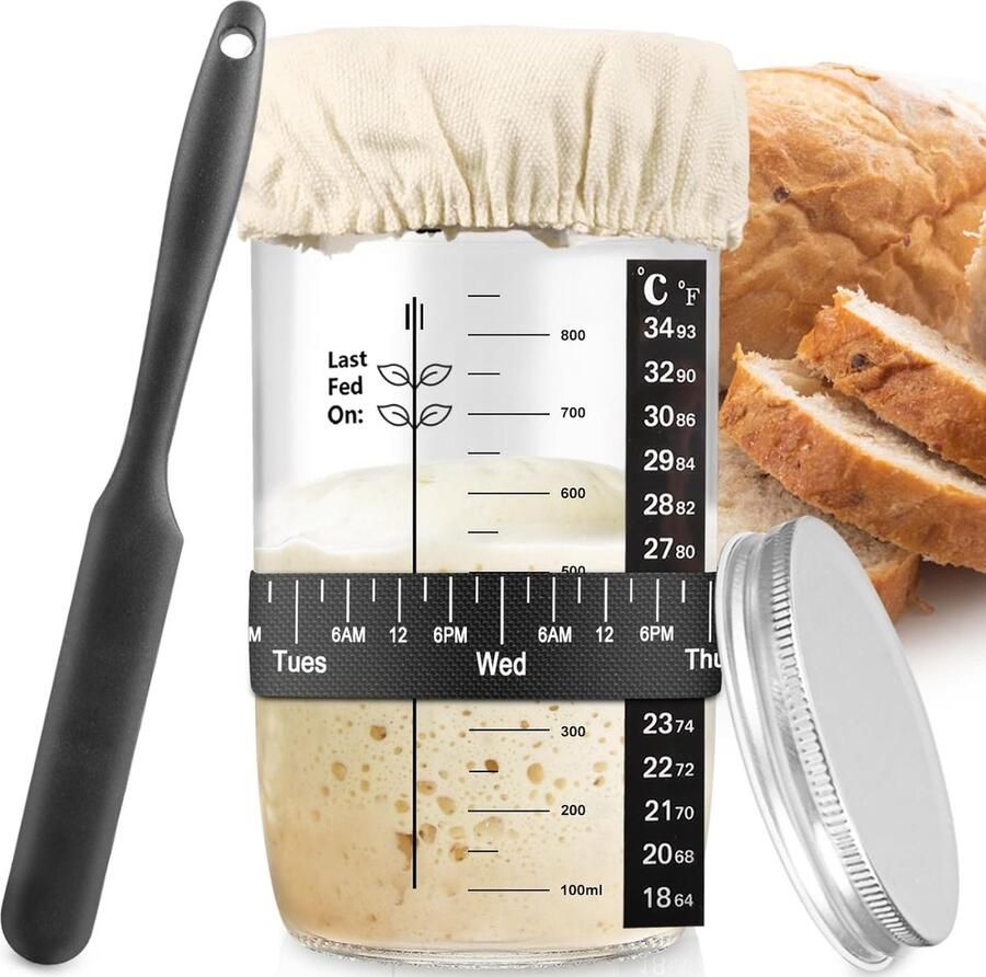 Lexium Zuurdesem starter set Broodbakaccessoires Zuurdesemglas Fermenteren Rijsmand voor Broodbakken Set Rijsmandje Rond
