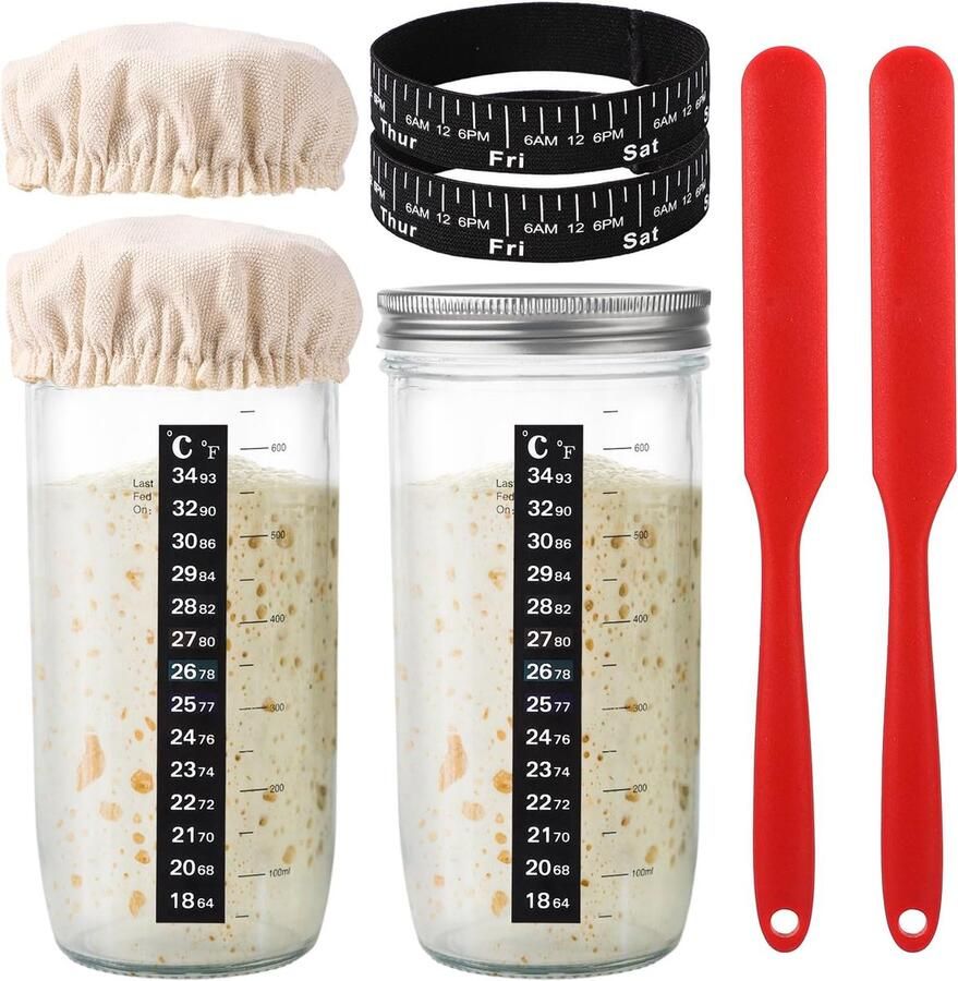 Lexium Zuurdesem starter set Broodbakaccessoires Zuurdesemglas Fermenteren Rijsmand voor Broodbakken Set Rijsmandje Rond