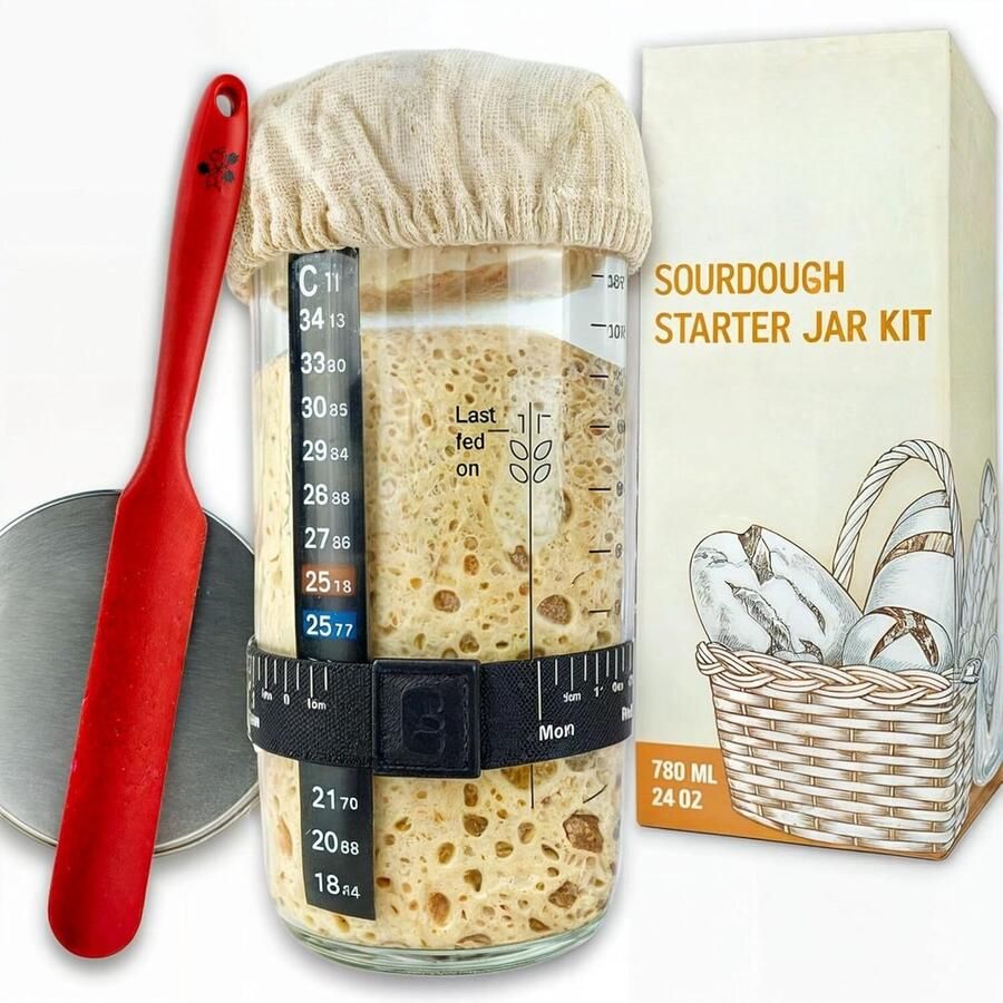 Lexium Zuurdesem starter set Broodbakaccessoires Zuurdesemglas Fermenteren Rijsmand voor Broodbakken Set Rijsmandje Rond