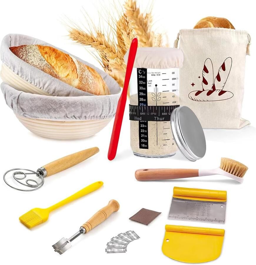 Lexium Zuurdesem starter set Broodbakaccessoires Zuurdesemglas Fermenteren Rijsmand voor Broodbakken Set Rijsmandje Rond