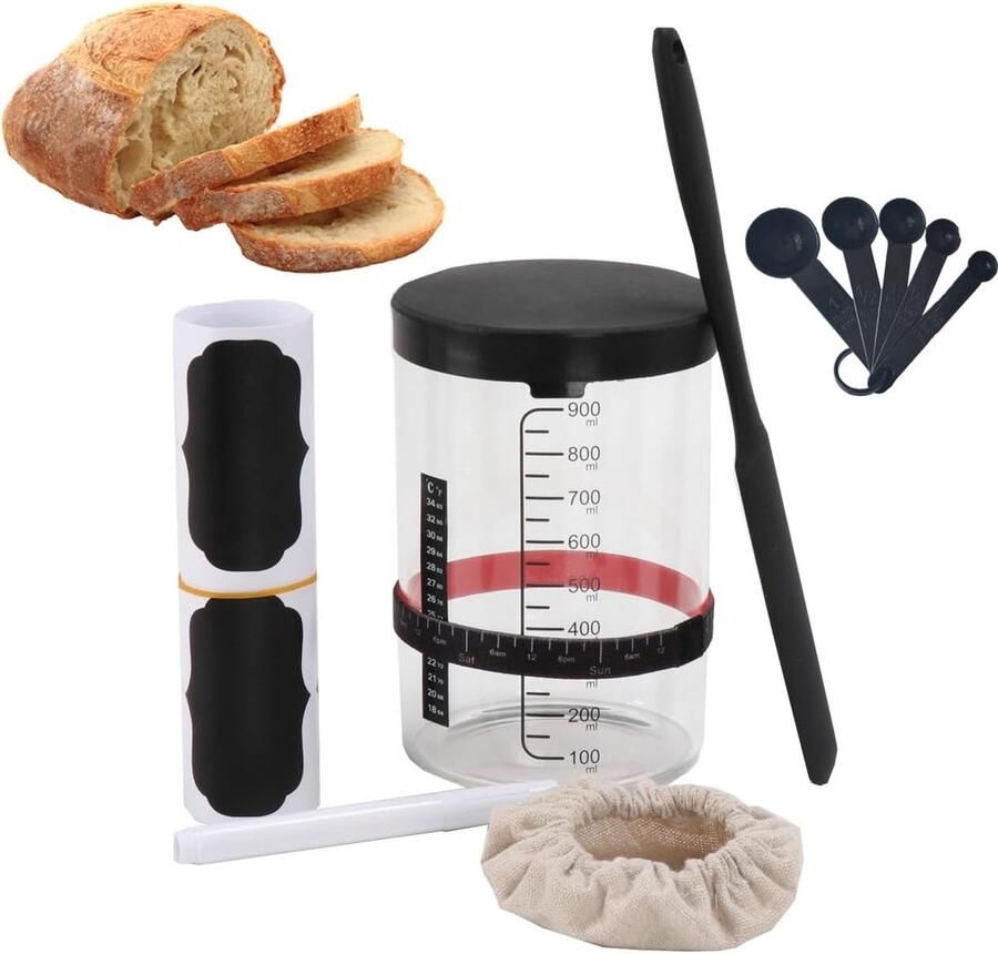 Lexium Zuurdesem starter set Broodbakaccessoires Zuurdesemglas Fermenteren Rijsmand voor Broodbakken Set Rijsmandje Rond