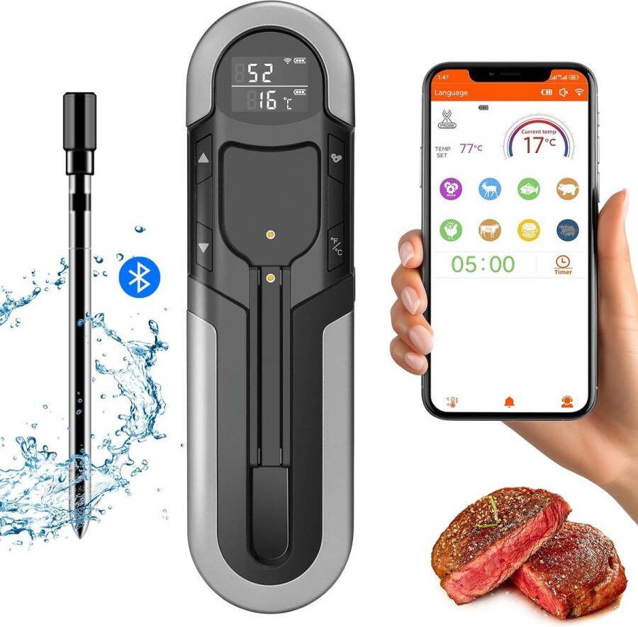 Lexium Vleesthermometer draadloos Vleesthermometer bluetooth Vleesthermometer digitaal Digitale BBQ Thermometer Draadloos Keukenthermometer