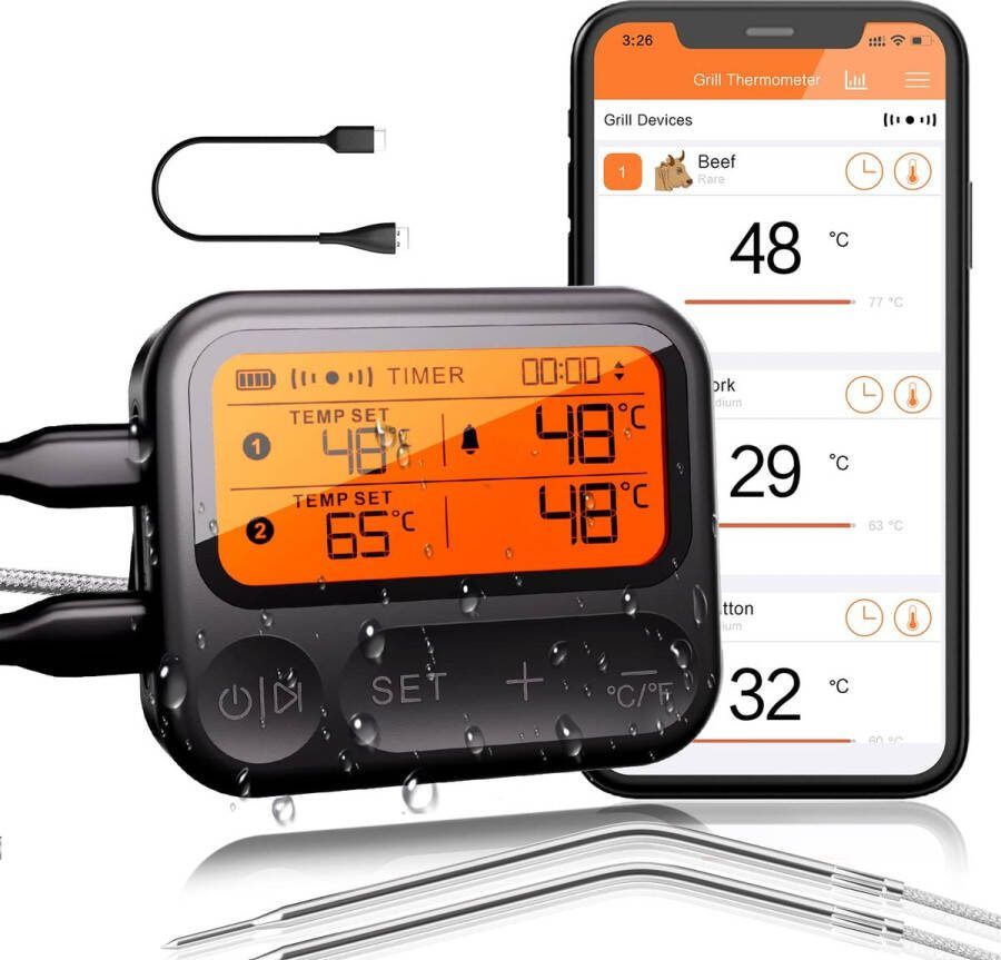 Lexium Vleesthermometer draadloos Vleesthermometer bluetooth Vleesthermometer digitaal Digitale BBQ Thermometer Draadloos Keukenthermometer