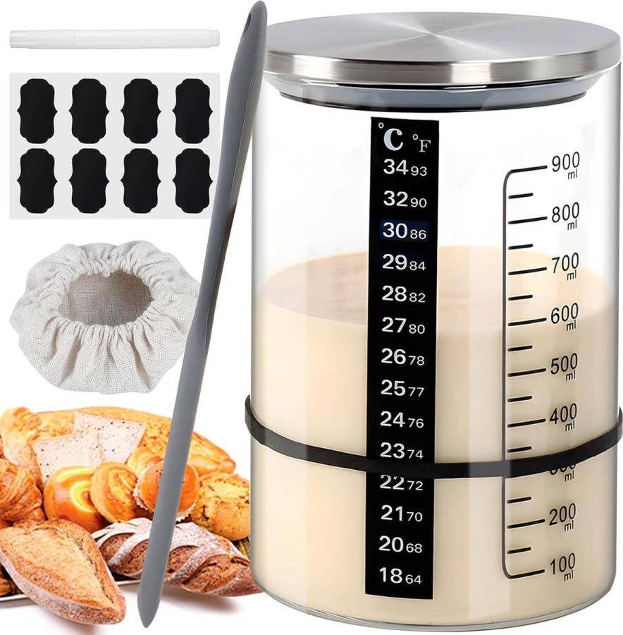 Lexium Zuurdesem starter set Broodbakaccessoires Zuurdesemglas Fermenteren Rijsmand voor Broodbakken Set Rijsmandje Rond
