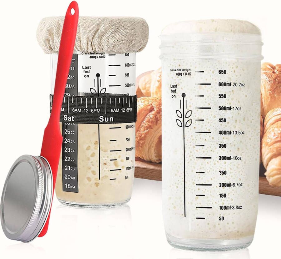 Lexium Zuurdesem starter set Broodbakaccessoires Zuurdesemglas Fermenteren Rijsmand voor Broodbakken Set Rijsmandje Rond