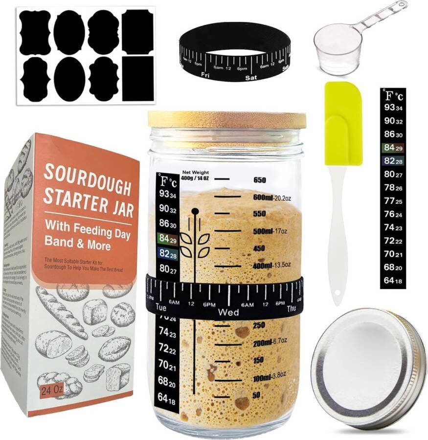 Lexium Zuurdesem starter set Broodbakaccessoires Zuurdesemglas Fermenteren Rijsmand voor Broodbakken Set Rijsmandje Rond