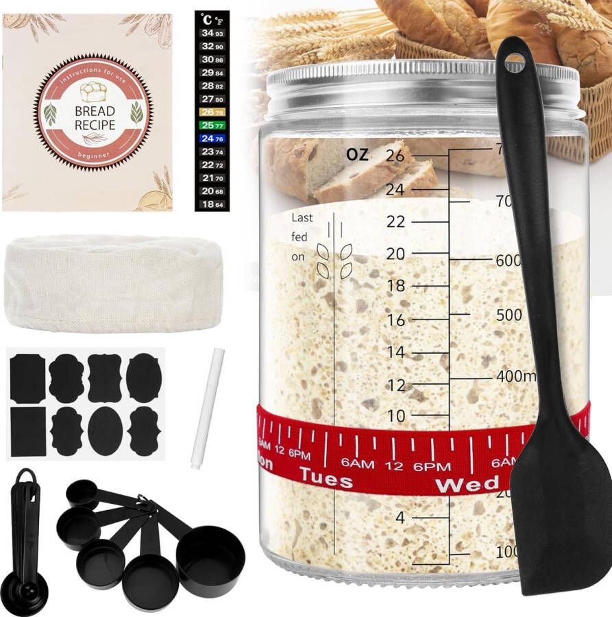 Lexium Zuurdesem starter set Broodbakaccessoires Zuurdesemglas Fermenteren Rijsmand voor Broodbakken Set Rijsmandje Rond