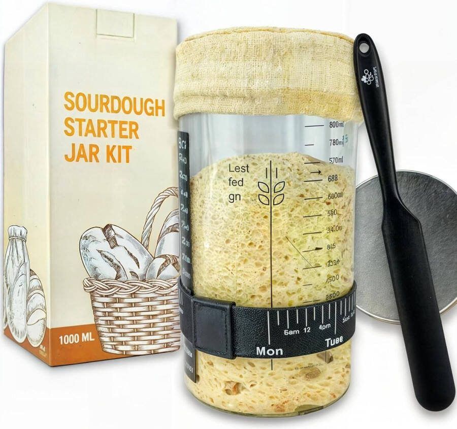 Lexium Zuurdesem starter set Broodbakaccessoires Zuurdesemglas Fermenteren Rijsmand voor Broodbakken Set Rijsmandje Rond