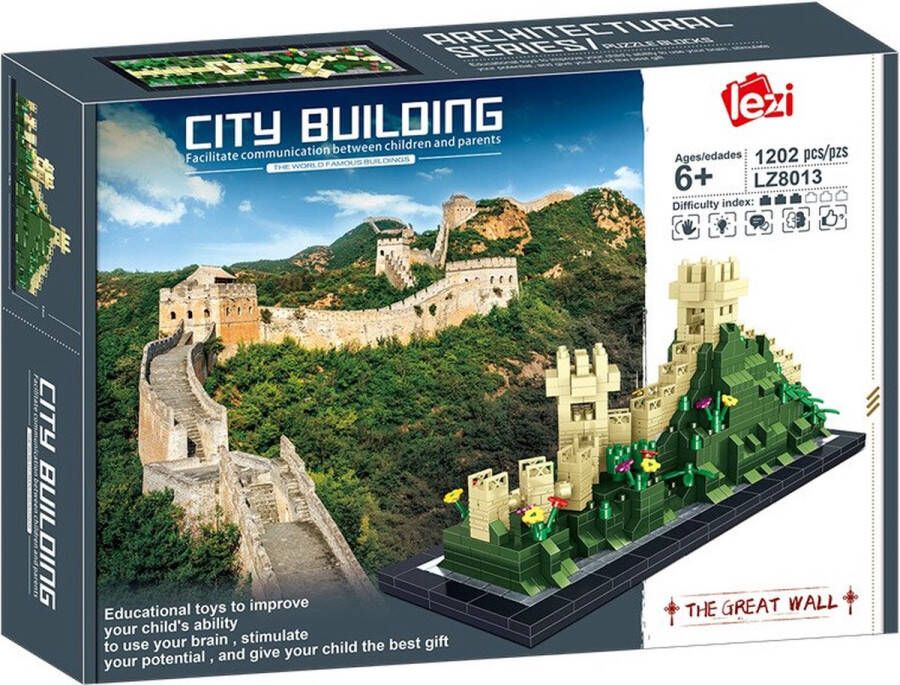 Lezi Chinese Muur Great Wall of China Nanoblocks miniblocks Beroemde bouwwerken Bouwset 3D puzzel 1202 bouwsteentjes